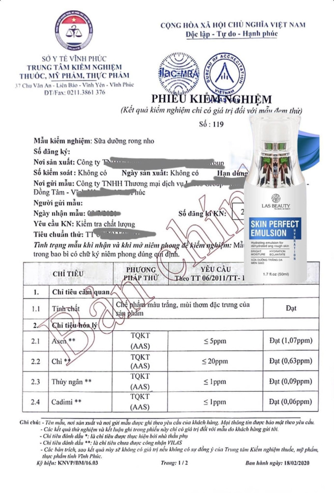 Giấy kiểm định sữa dưỡng rong nho