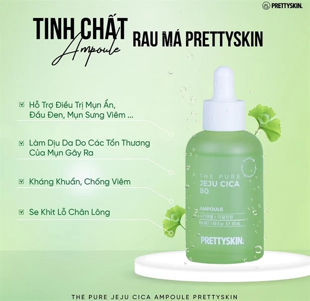 Tinh Chất Rau Má PrettySkin The Pure Jeju Cica 80 Ampoule 50ml là giải pháp lý tưởng giúp làm dịu da, hỗ trợ giảm mụn
